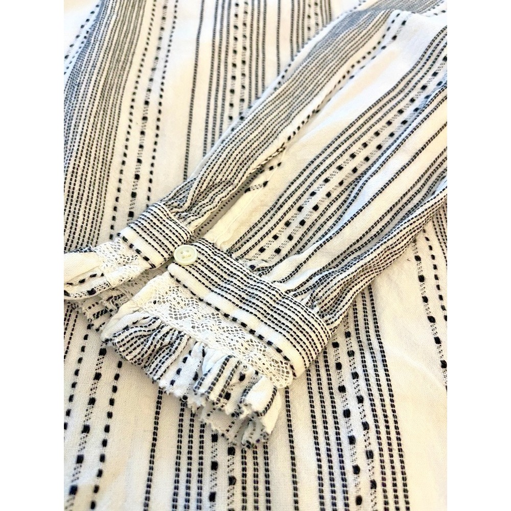 LOFT Dobby Stripe Lace Peasant Top Sz M/L White Black Cotton Boho Romantic Twee - Picture 3 of 8